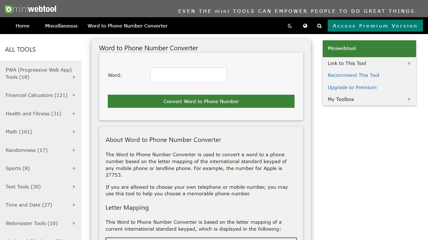 Word to Phone Number Converter - MiniWebtool